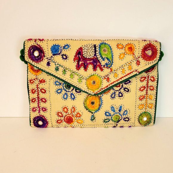 Multicolored Embroidered Boho Purse with Flowers and Elephant - Picture 3 of 6